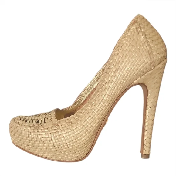 PRADA | Raffia Platform Pumps Beige Gold Heels Size 38 Italy - Picture 3 of 9